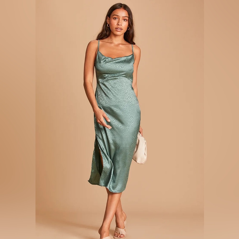 Lulu’s sage green satin animal print slip dress.